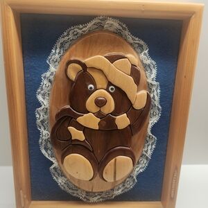 Hand Carved Wooden Teddy Bear Wall Art with Lace Detail For Baby Nursery Decor